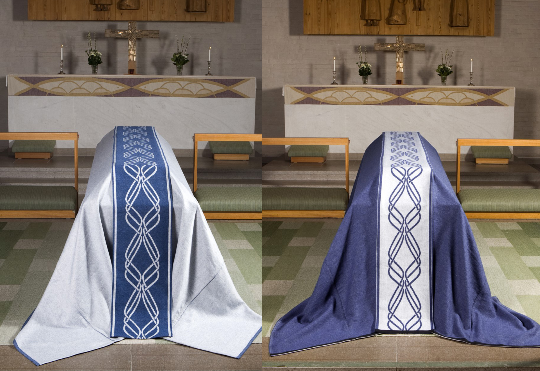 Båtäcken-klässbols-lineväveri. Två stycken på två olika kistor framför altaret i färgen blå.