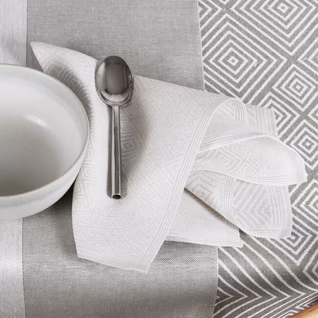 Klässbol silver gray napkin and fog green ruler table runner and Graphite Gåsöga linen cloth